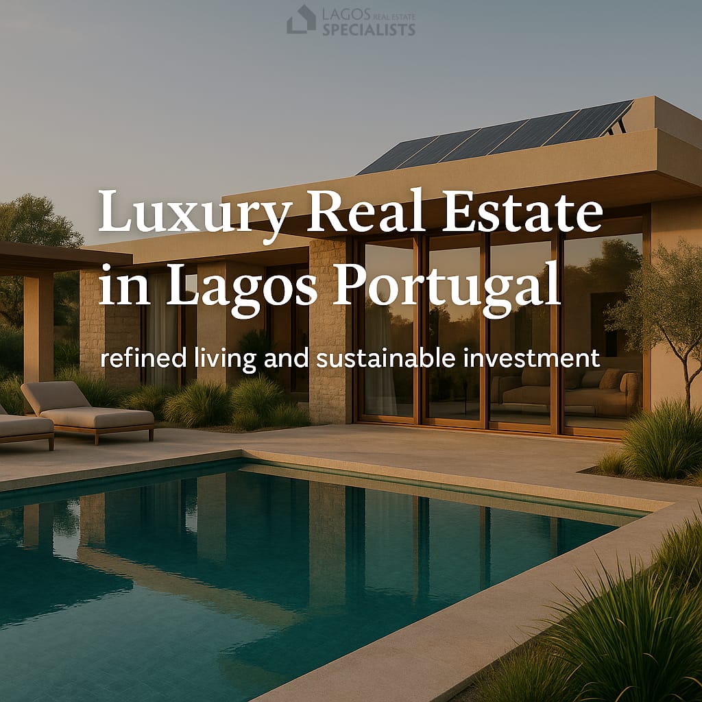 Luxury Real Estate in Lagos - Modern luxury villa and new-build apartments near Porto de Mós Beach in Lagos, Portugal, featuring minimalist architecture, solar panels, a private pool, and sunset lighting that reflects refined, sustainable Algarve living.