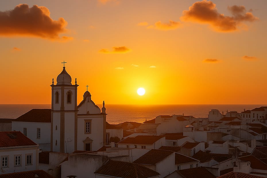 Sunset view from the rooftop in Lagos, Portugal, overlooking the town’s historic rooftops and coastline.