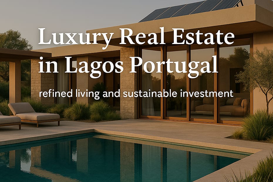 Luxury Real Estate in Lagos - Modern luxury villa and new-build apartments near Porto de Mós Beach in Lagos, Portugal, featuring minimalist architecture, solar panels, a private pool, and sunset lighting that reflects refined, sustainable Algarve living.