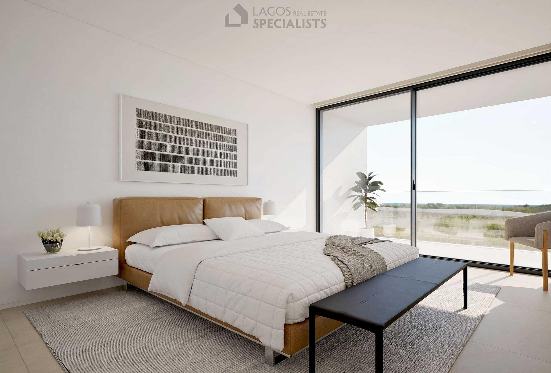 08 Double bedroom with built-in closet, en-suite bathroom and balcony with coast and pool views