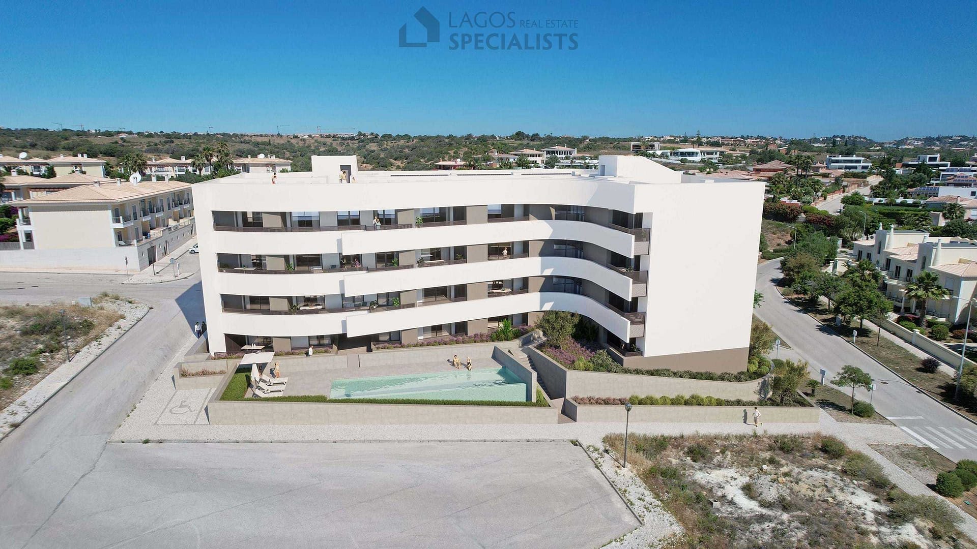 modern architecture of The Leaf apartments with pool in Porto de Mós, Lagos
