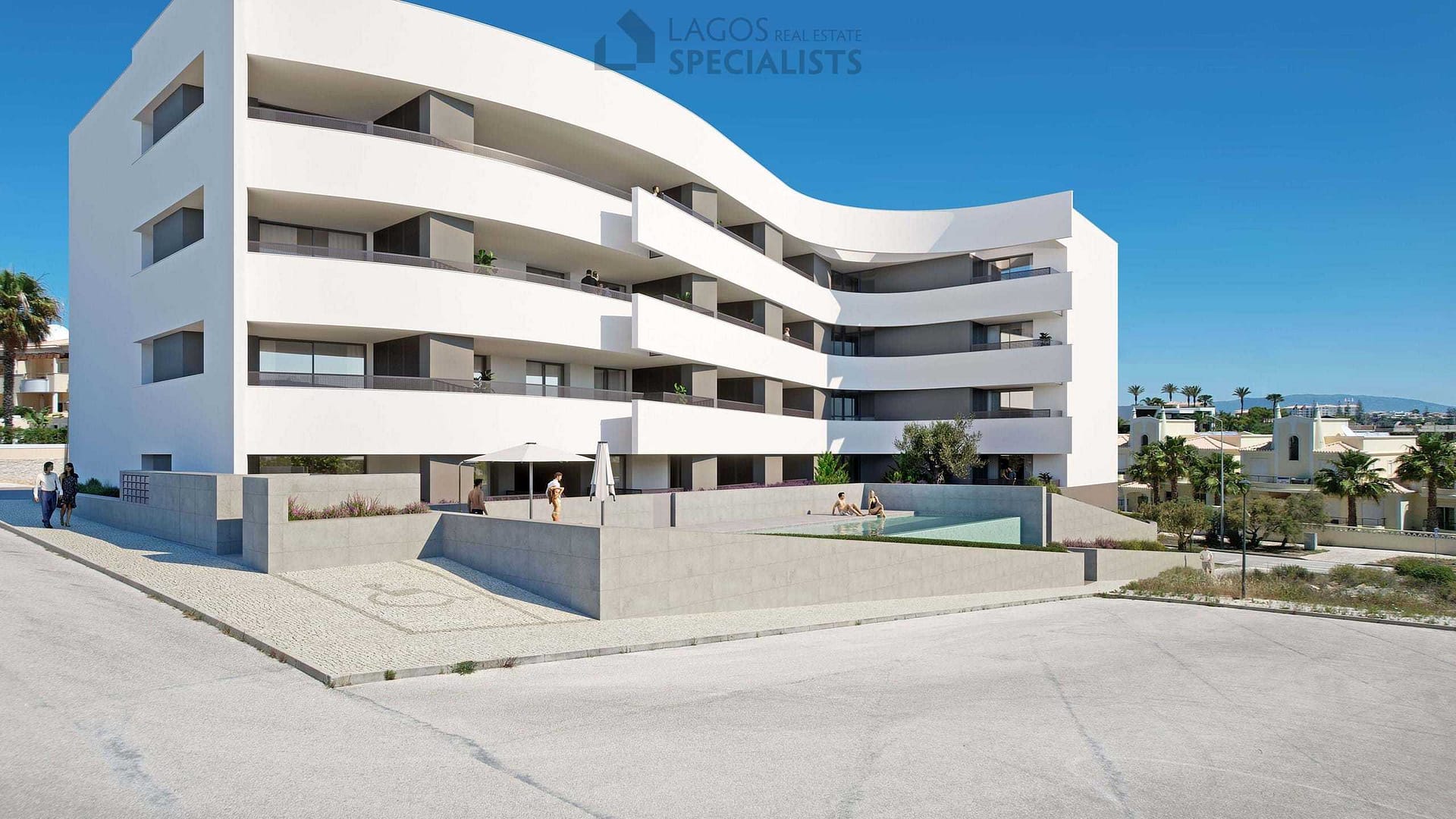modern architecture of The Leaf apartments with pool in Porto de Mós, Lagos